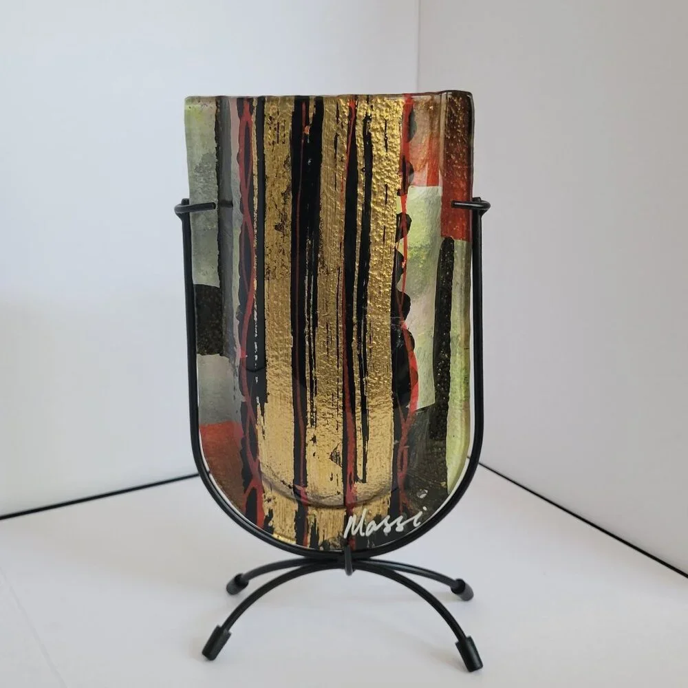 Massi Italian Vase U Shaped Art Glass with Metal Stand 9 1/4